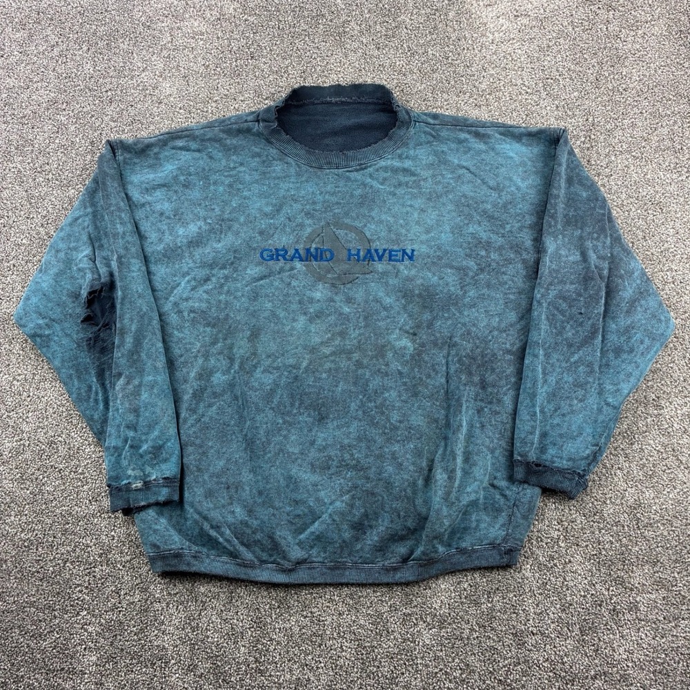 Vintage Grand Haven Michigan Sweatshirt Mens XL Blue Tie Dye Distressed Pullover